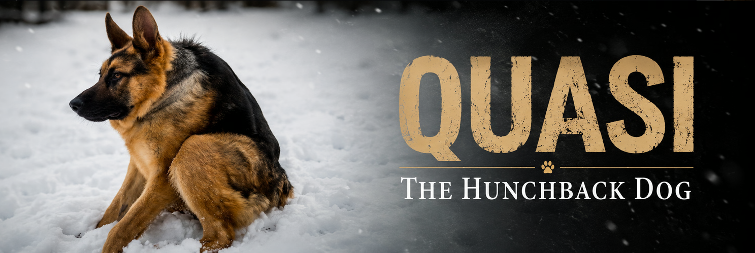Quasi the German Shepherd sitting hunched in the snow beside the QUASI — The Hunchback Dog logo